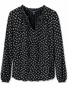 Chaps Black Polka Dot Long-Sleeve Peasant Blouse- Size large
